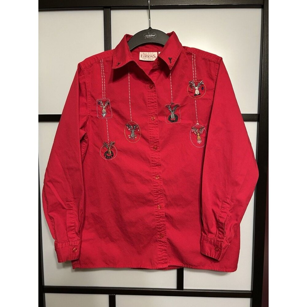 Vtg Basic Editions‎ Button Front Christmas Shirt Reindeer Ornaments Holly Small